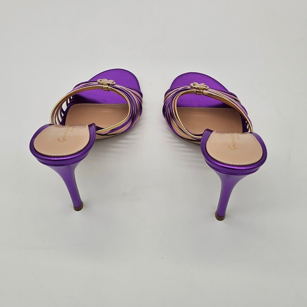 Gianvito Rossi Sandals Women Silk 115 High Heel Purple Gold Metallic Strappy 7.5 - Picture 4 of 8